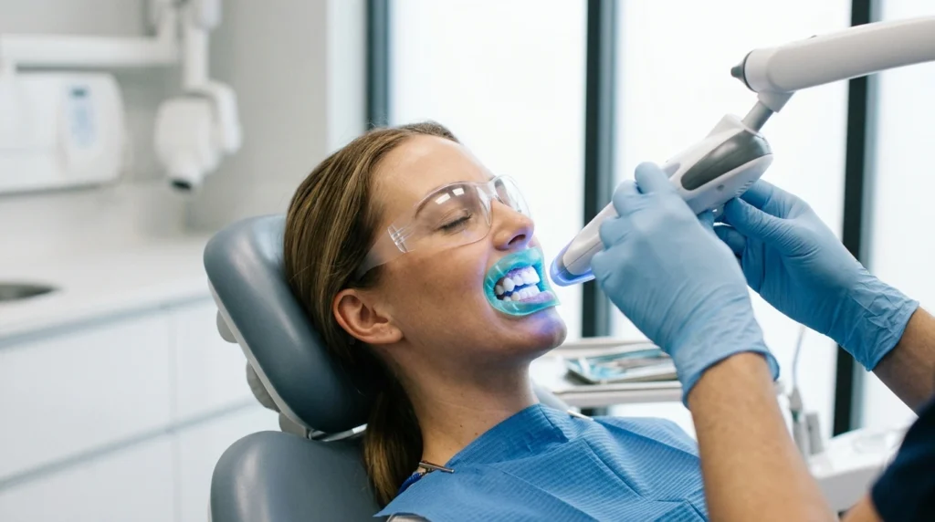 Professional in-clinic teeth whitening with gum protection and a whitening light