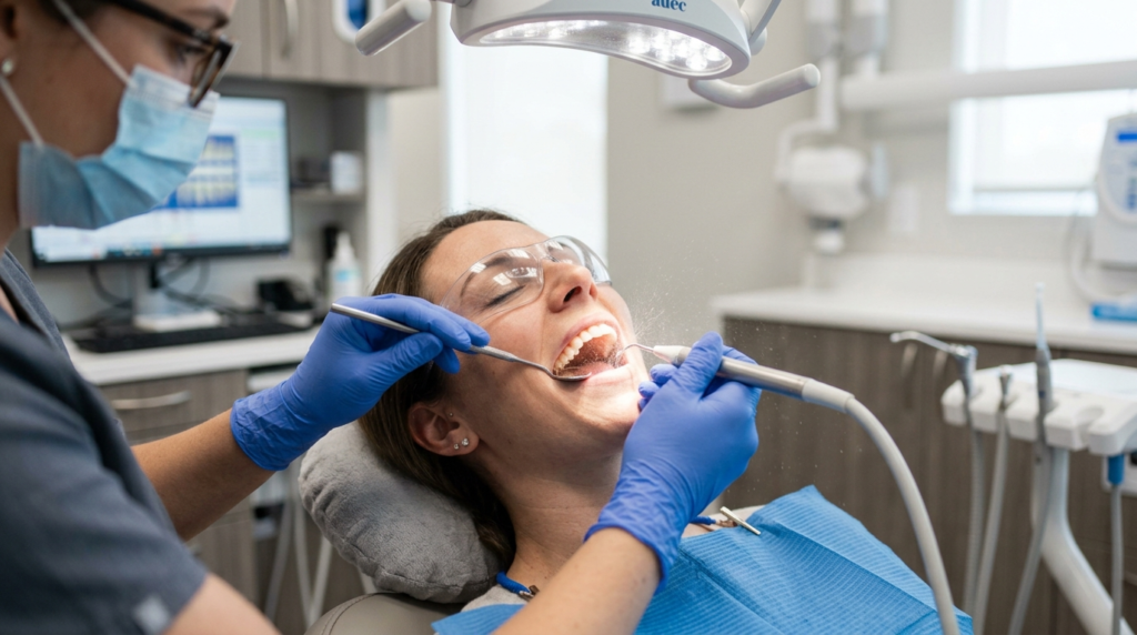 Professional ultrasonic scaling removing hardened tartar at a dental clinic