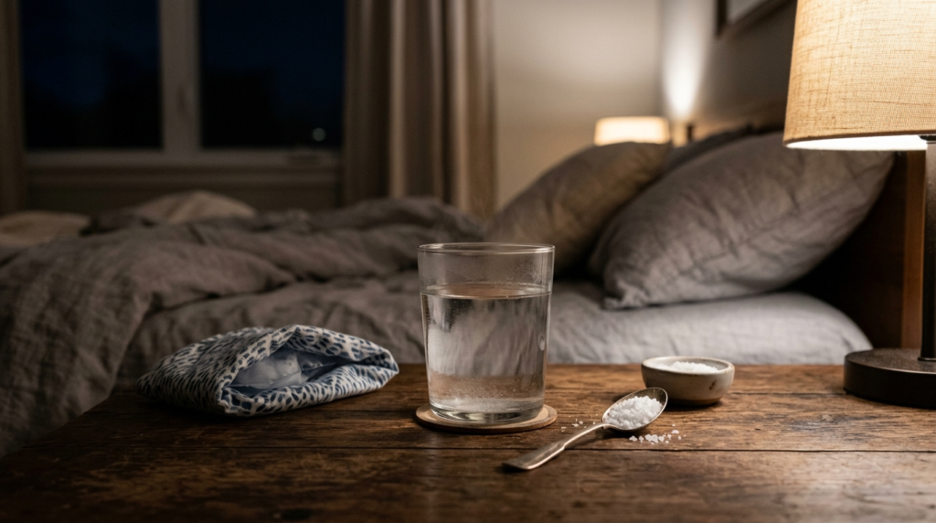 Salt water rinse and cold compress prepared for night tooth pain relief