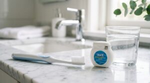 Soft bristled toothbrush and floss used for gentle daily gum care