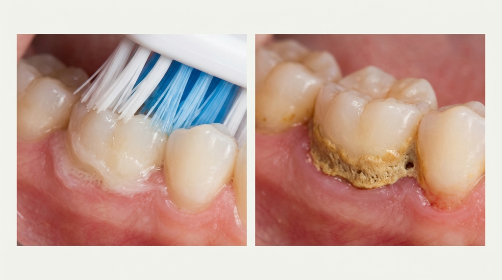 Soft removable plaque compared with hardened tartar bonded to the tooth