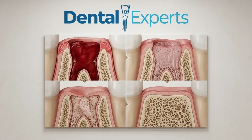 Stages of tooth socket healing from blood clot to closed gum