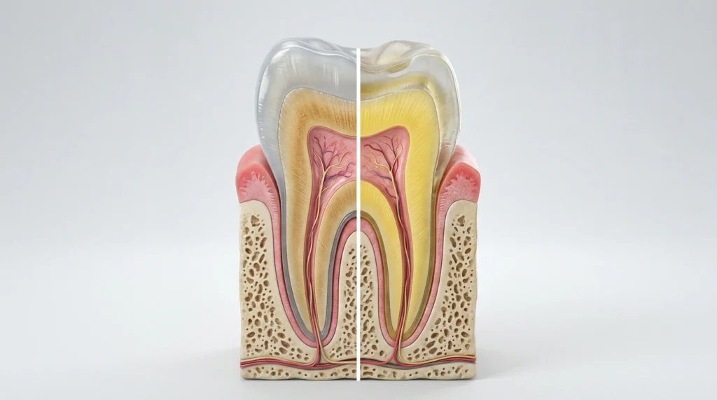 Thick enamel hides the yellow dentine underneath while thin enamel lets it show through