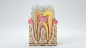 Thick enamel hides the yellow dentine underneath while thin enamel lets it show through