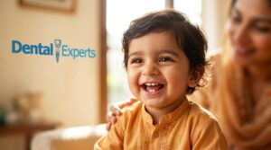 Toddler smiling and showing newly erupted baby teeth