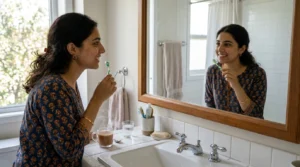 Woman whitening her teeth at home with toothpaste and a soft brush