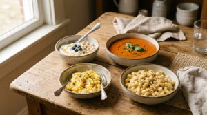 Soft foods like yoghurt and soup that help ease soreness after getting braces.