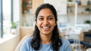 Young woman smiling with braces, illustrating whether braces hurt and how long they take.
