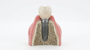 Cross section render of a dental implant in the jawbone showing how long dental implants last.
