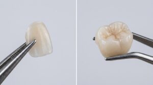 A porcelain veneer next to a ceramic crown comparing veneers vs crowns.